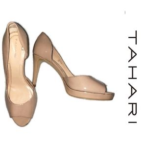 TAHARI womans size 8 Bailynn neutral tan peep toe stiletto heels